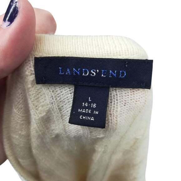 Lands End 100% Cashmere Cable Knit Crew Neck Sweater Size L Cream Lightweight - Picture 9 of 9